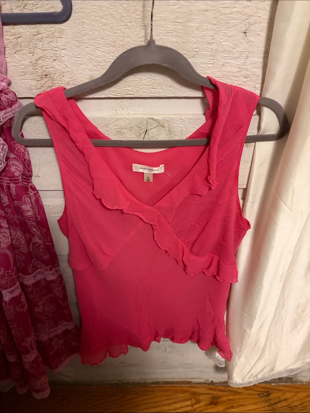 Isaac Mizrahi Bright Pink Ruffle V-Neck Tank